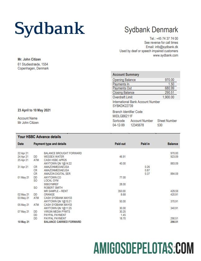 Exemplo de extrato do Sydbank da Dinamarca